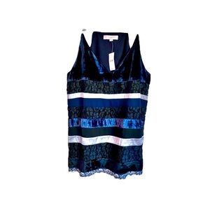 Ann Taylor LOFT NWT Velvet Lace Ribbons Blue Black Silver Cami Blouse Top Size L